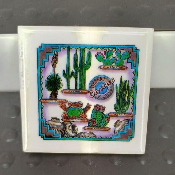 Vintage Hand Painted Cactus Flowers Southwestern Decorative Ceramic Tile Southwe - Picture 1 of 8